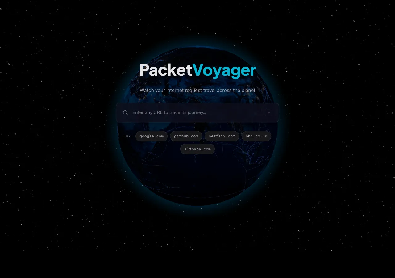 packet-voyager's 3D globe with submarine cables glowing across the oceans.